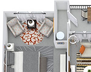 Rainey 3D Rainey 3D 2 bedroom apartment. Kitchen with bartop open to living & dining rooms. Coffee bar in kitchen. 2 full bathrooms, double vanity in master. Walk-in closet in both bedrooms. Patio/balcony.